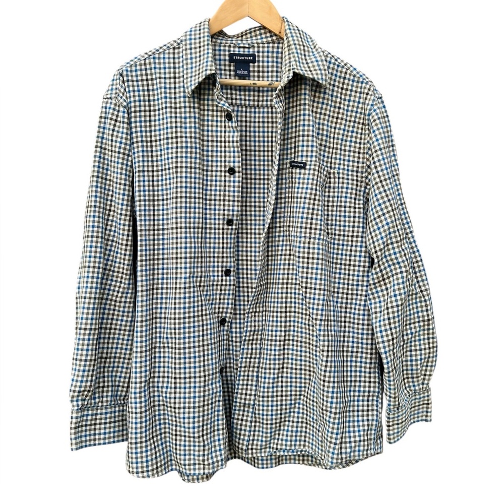 90’s Structure Shirt Mens Plaid Gray & Blue Size L 100% Cotton